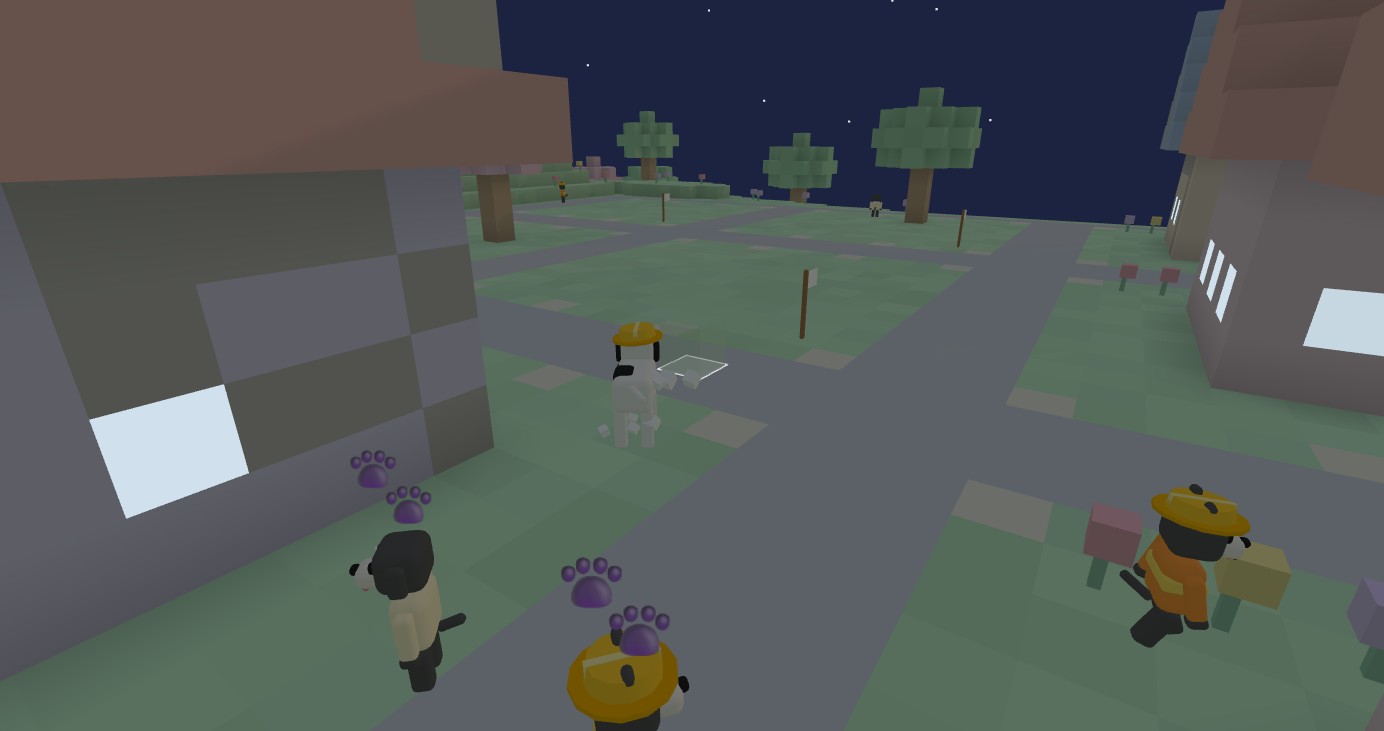 The neighborhood at night with glowing lanterns